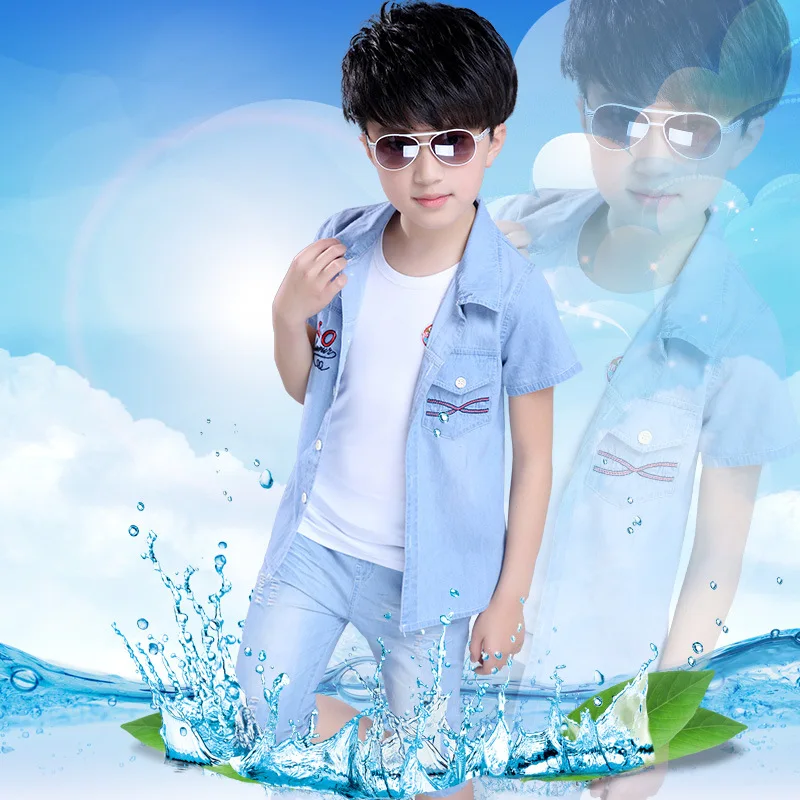 Kids Clothes Boy Summer Set Boys Denim Shirt + Jeans Shorts Children Clothing Brand for Size 4-14 |