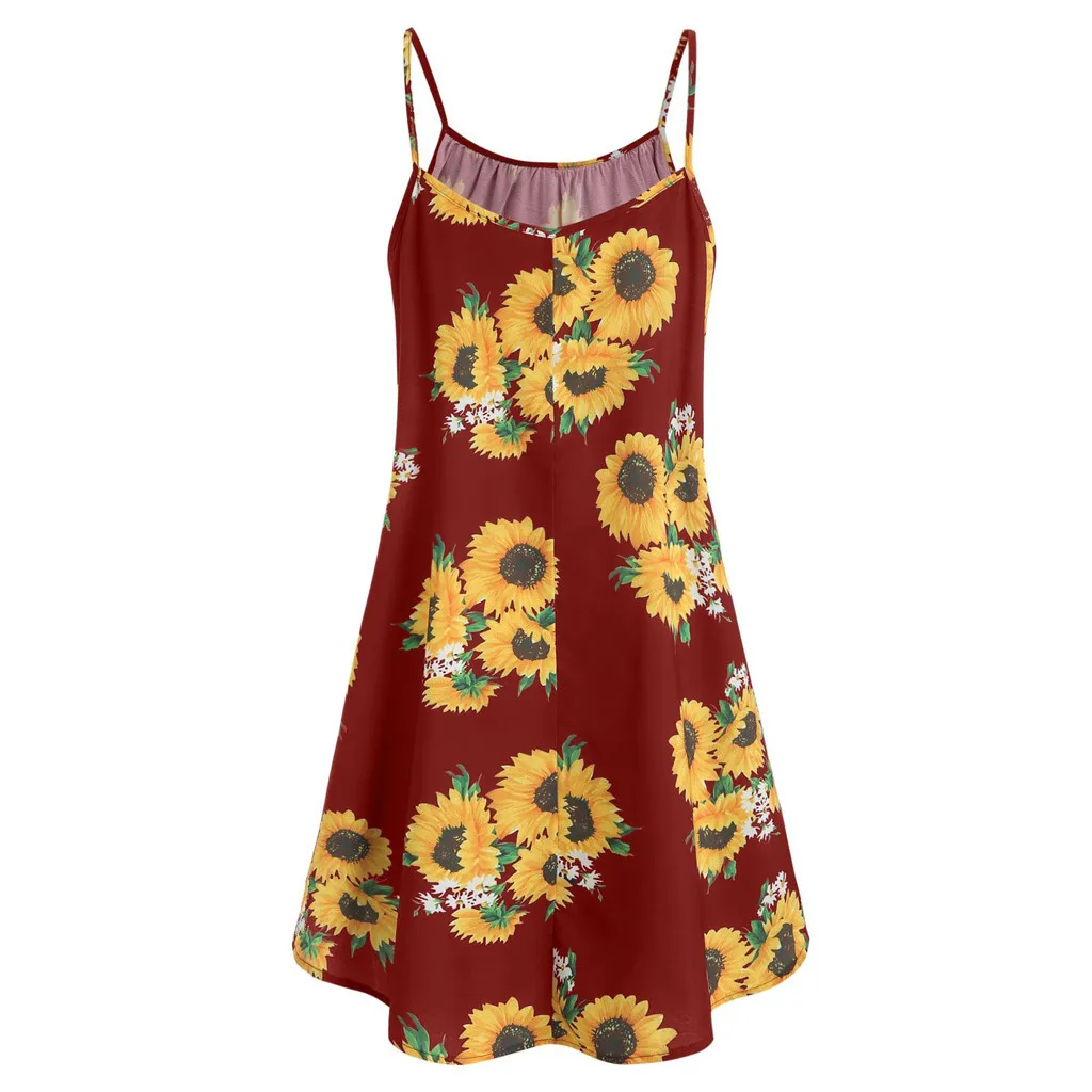 

Fashion Women Draped Sunflower Print Strap Beach Dresses Summer Casual Ladies Slash Neck Sleeveless Dress Backless Mini Dresses