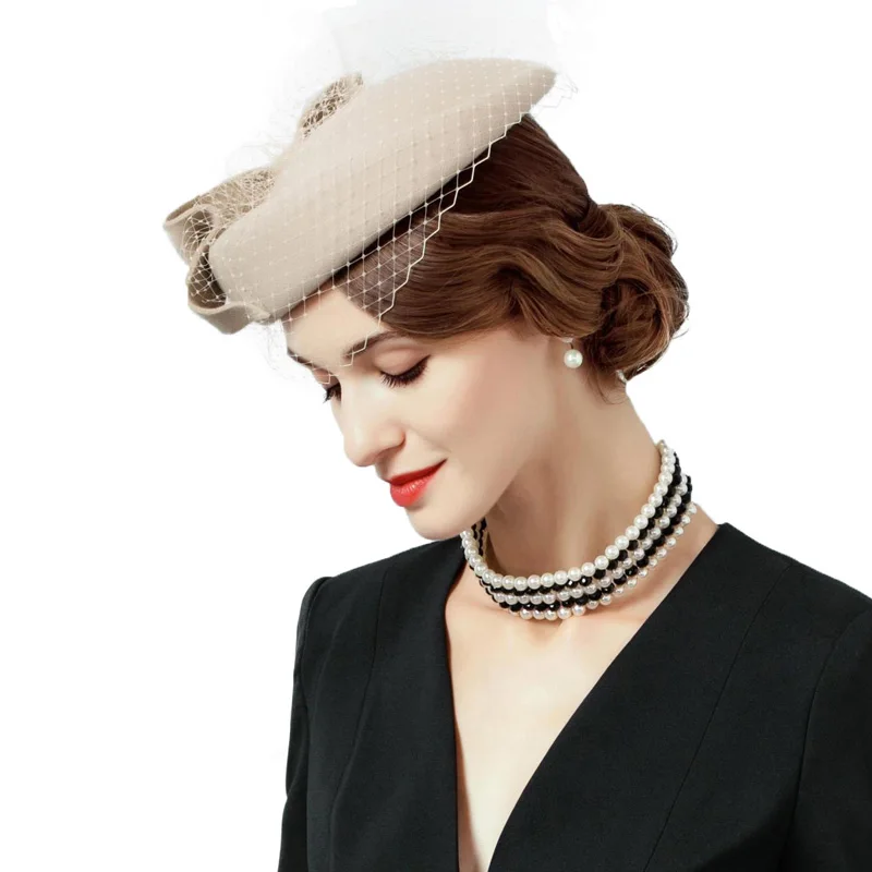 Женская фетровая шляпка-Таблетка FS винтажная шляпка цвета хаки с вуалью и бантом