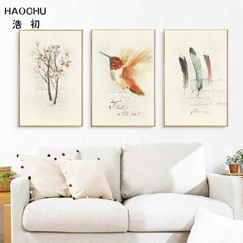 HAOCHU Triptych Vintage Flowers And Birds Canvas Painting Antique Wall Picture Pastoral Rural Home Decor Posters No Frame | Дом и сад