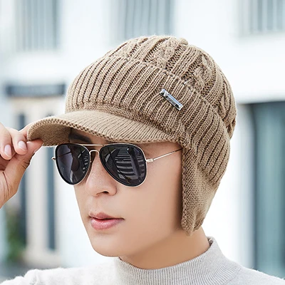 Головные уборы Skullies Beanies Для мужчин шарф вязаная шапка для мужчин больших капор теплая шерсть толстые зимние шапки для мужчин Для женщин Шапка-бини - Цвет: khaki hat