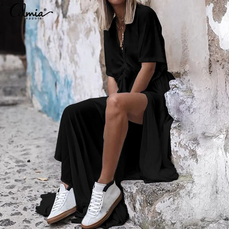 Женское платье с глубоким вырезом cellia Длинное свободное высоким разрезом и