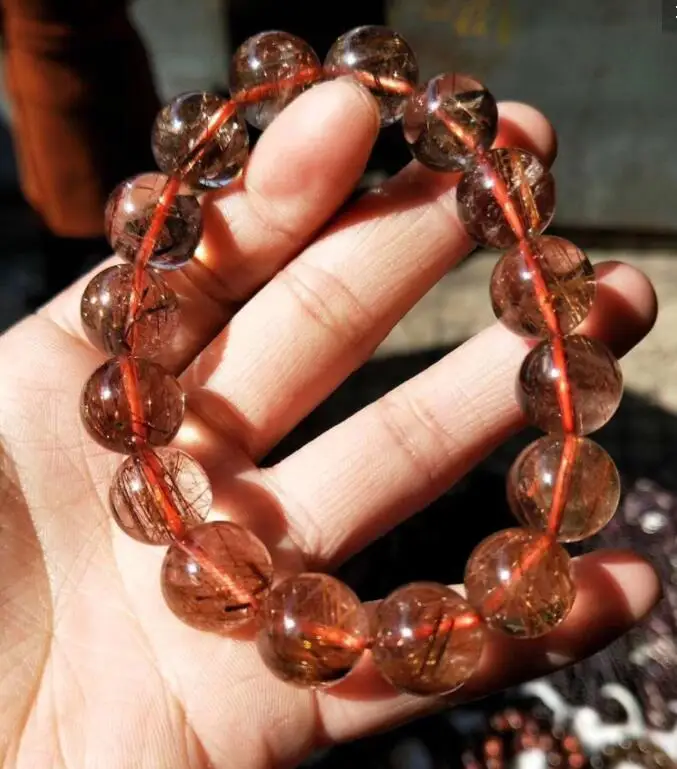 

free shipping Noble jewelryset 13.5-13.8mm AAA Natural Quartz Rutilated Crystal stone Beads Bracelet 55g