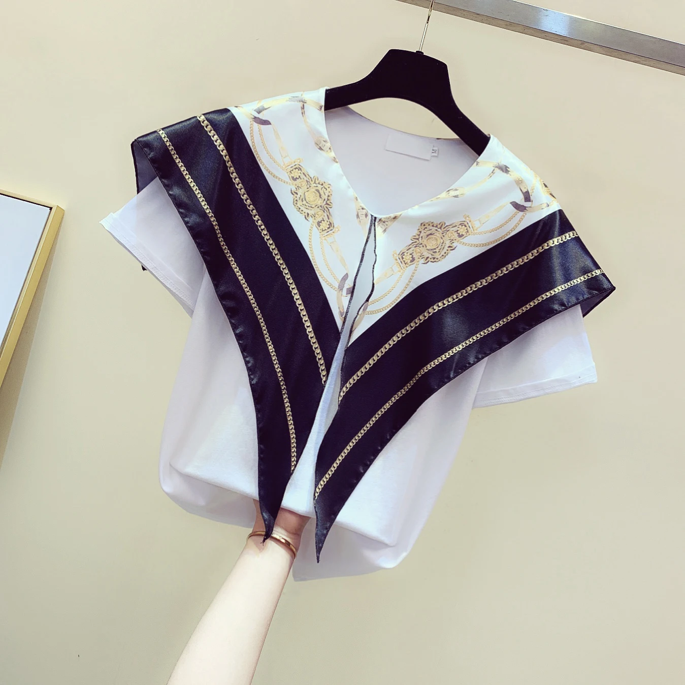 Корейский стиль шарф прошитая футболка для женщин лето темно синий отворот Blusas