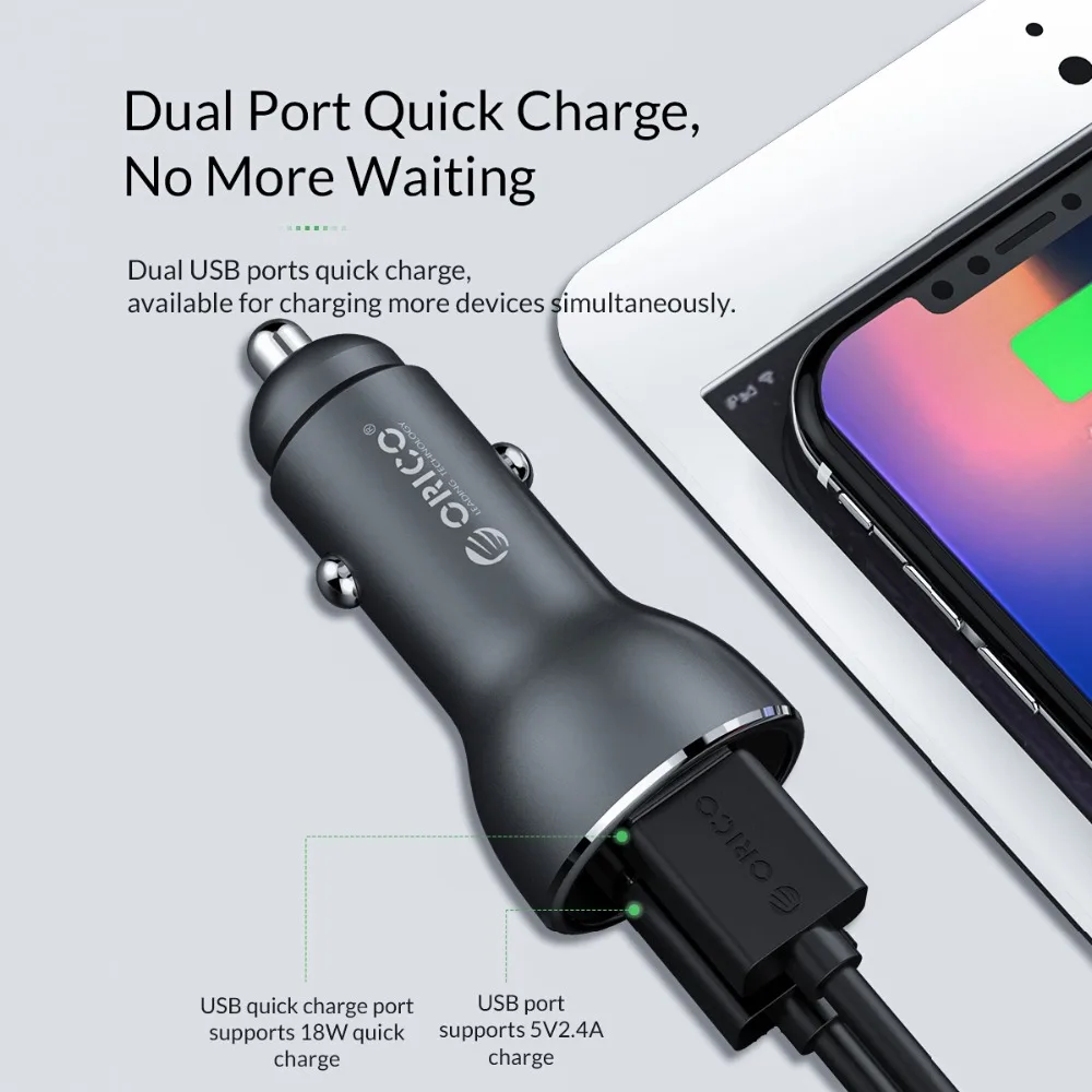 Устройство зарядное автомобильное ORICO QC3.0 с мини USB портом и двумя