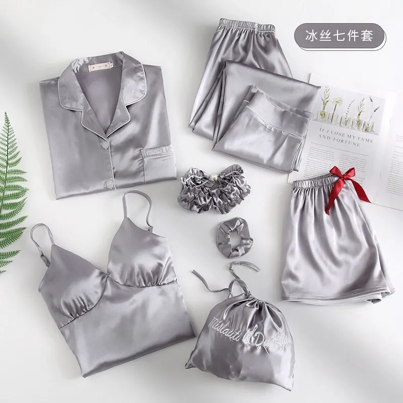 Женские пижамные комплекты из 7 предметов пижамы с принтом груди женские одежды