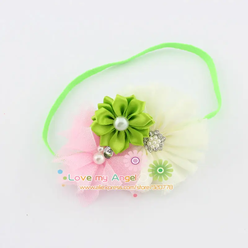 girl headband shabby chic flower hairband Rhinestone Button satin tulle Hair accessories 12pcs/lot | Детская одежда и обувь
