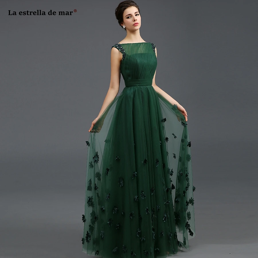 Vestido de madrinha de Casamento Longo Новое фатиновое Лодка шеи Кепки рукавом Бусы линия темно-зеленый вечерние платья элегантные