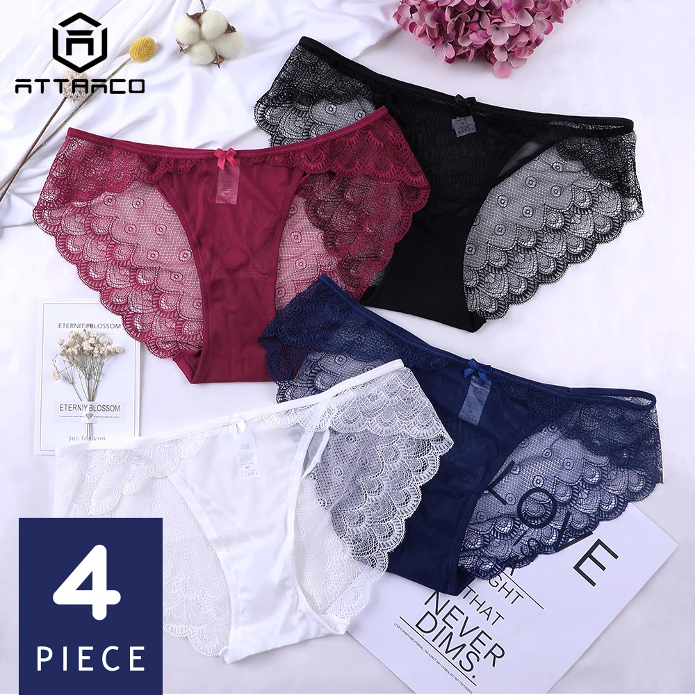 

ATTRACO Women's Underwear Panties Briefs Lace Hipster V String Cotton 4 Pack Cueca Calcinha Tanga Thong Lace Edge Transparent