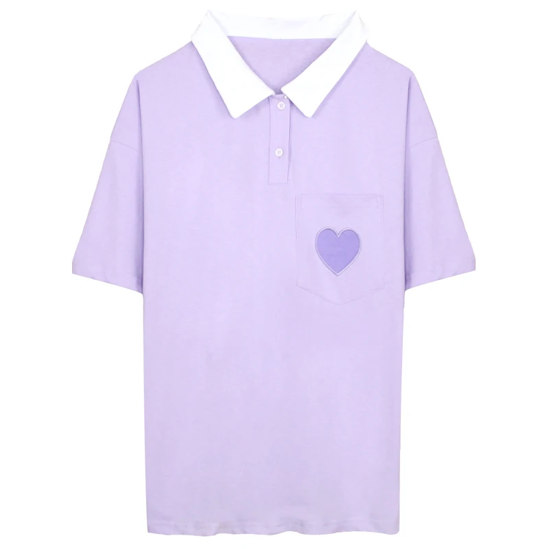 Pockets Women T-shirts Summer Preppy Style All- Match Candy Color Femela Tees Heart Embroidery | Женская одежда