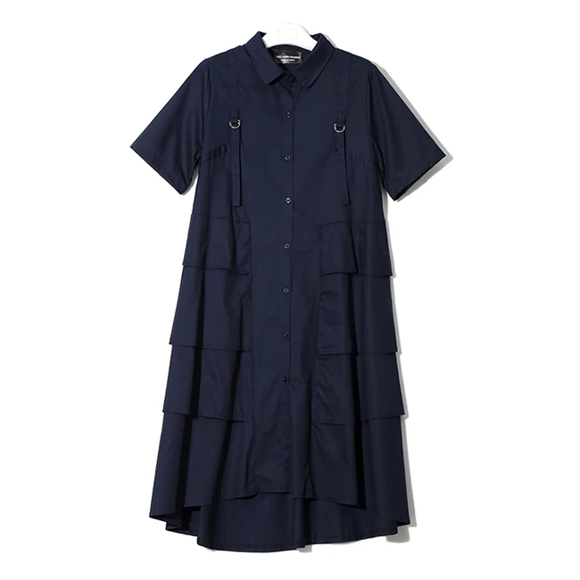 3375 Short Sleeve Новинка, корейский стиль, женское весеннее однотонное синее платье-рубашка, женское стильное платье с длинным рукавом и оборками каскадом для вечеринки и клуба, 3807 - Цвет: 3375 Short Sleeve