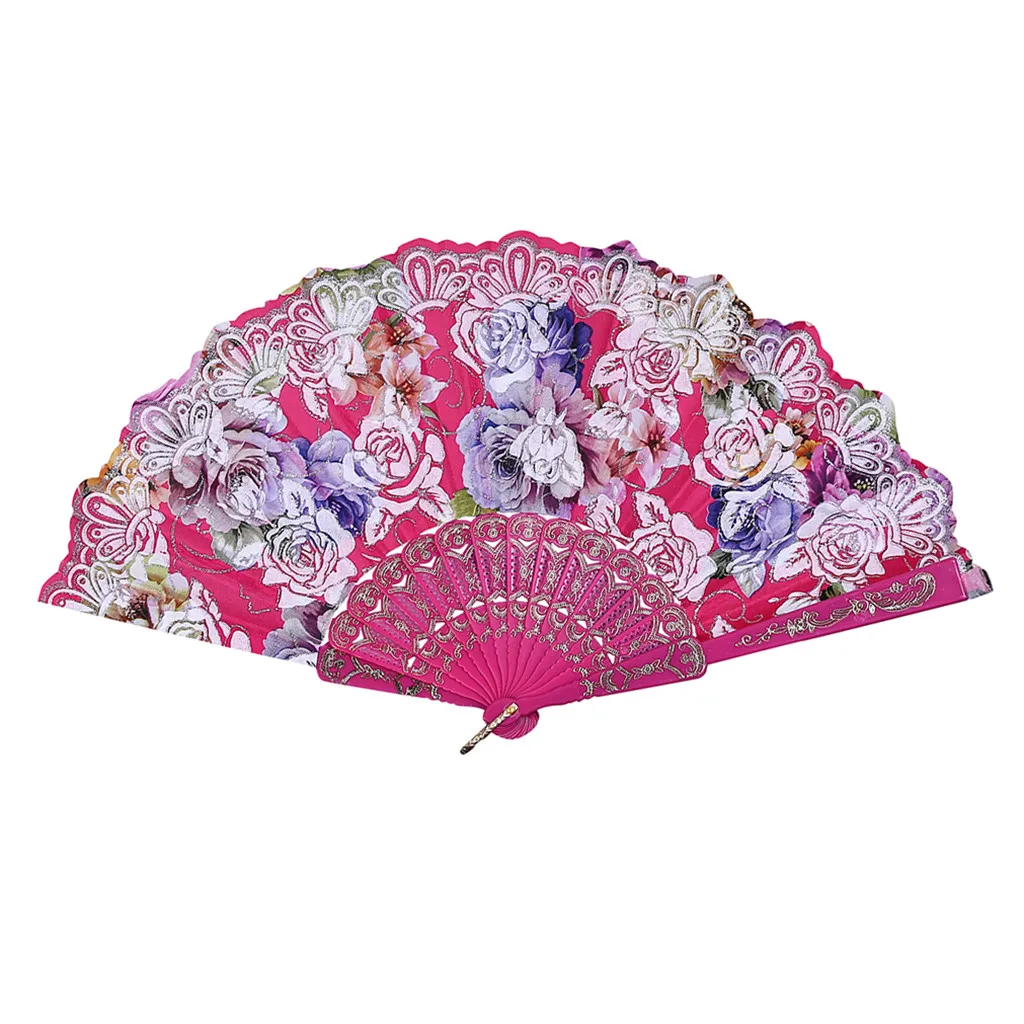 Hot Pink Таинственный цветок китайские веера Роза Ретро Печать китайский стиль танцевальный веер Свадебная вечеринка кружева Шелковый складной веер хороший подарок домашний декор - Цвет: Hot Pink