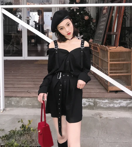 Осеннее винтажное жесткое черное платье на подтяжках для женщин Harajuku готическое корейское сексуальное платье-рубашка с открытыми плечами женские платья в стиле панк - Цвет: Черный