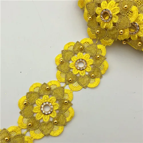 Yellow 10 ярдов много цветов Floer бисером петелька металлик вышитый мотив кружева Нигерия Венеция отделка крючком шнур Wide7cm - Цвет: Yellow