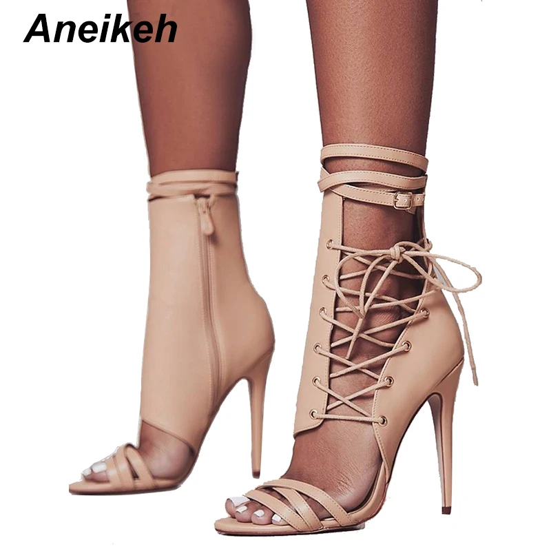 

Aneikeh Roman Buckle Strap Shoes Women Sandals Sexy Gladiator Cross-Tied Lace Up Peep Toe High Heels Ankle Boots Black Aprict