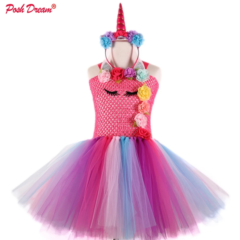 POSH DREAM Peach Pink Flower Kids Girls Party Dresses Unicorn Rainbow Cosplay Costume with Headband New Baby Cloth | Детская одежда и