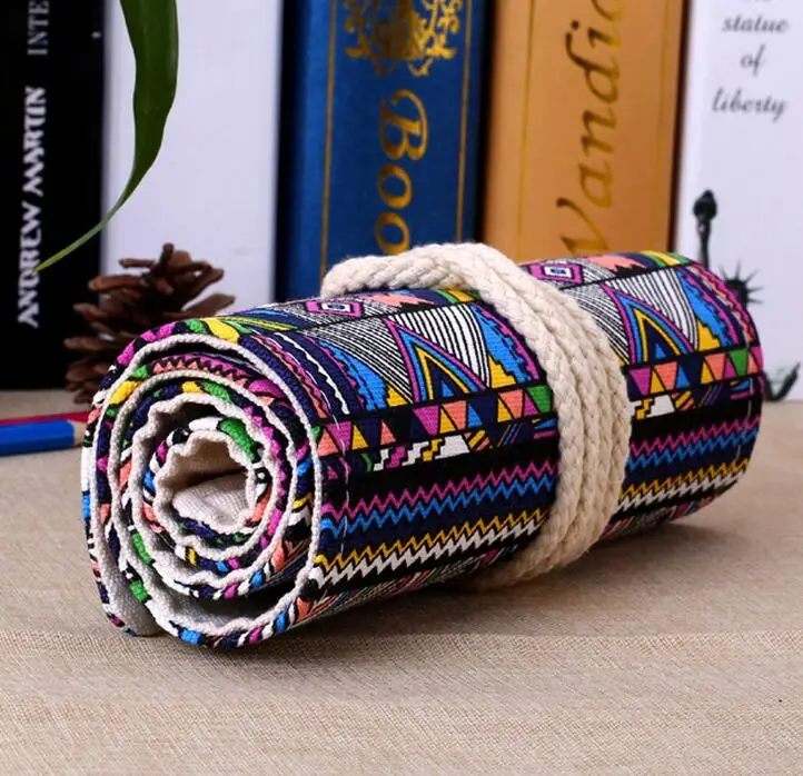 

1 Pcs Cute 48 Holes Fabric Pencil Case Canvas Roll Pouch Cosmetic Makeup Brush Case Pen Storage Pencil Box Stationery