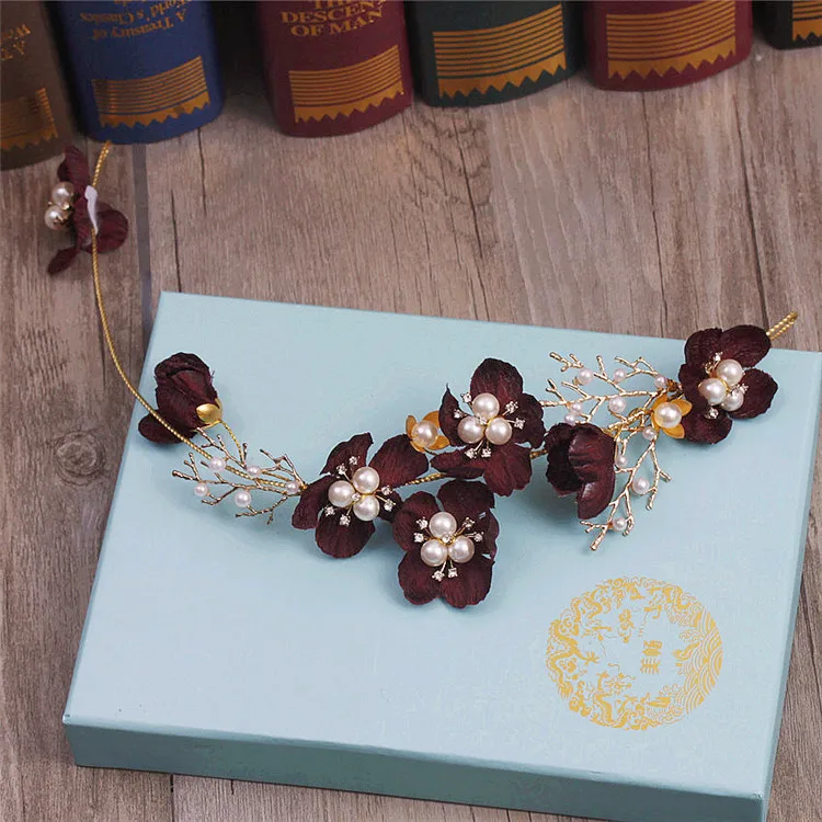 Темно-красный цветочный головной убор для невесты длинная гибкая тиара