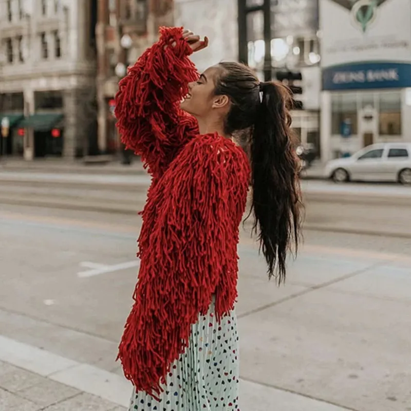 Однотонные женские вязаные кардиганы с кисточками 2018 осенние повседневные