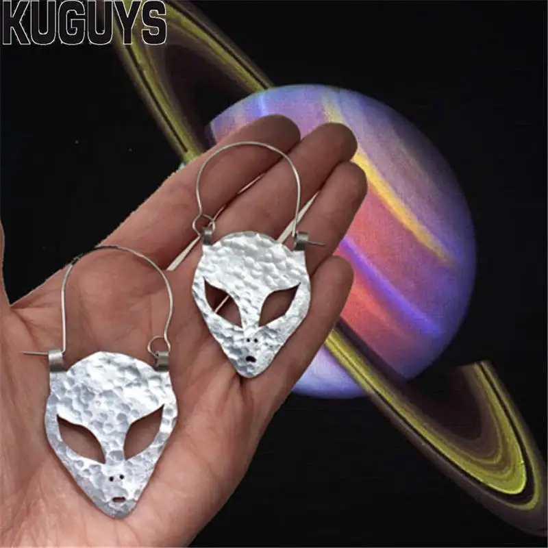 Серьги-капли с лицом пришельца KUGUYS для женщин, аксессуары из металла ET, модные ювелирные изделия, золотистого и серебряного цвета.
