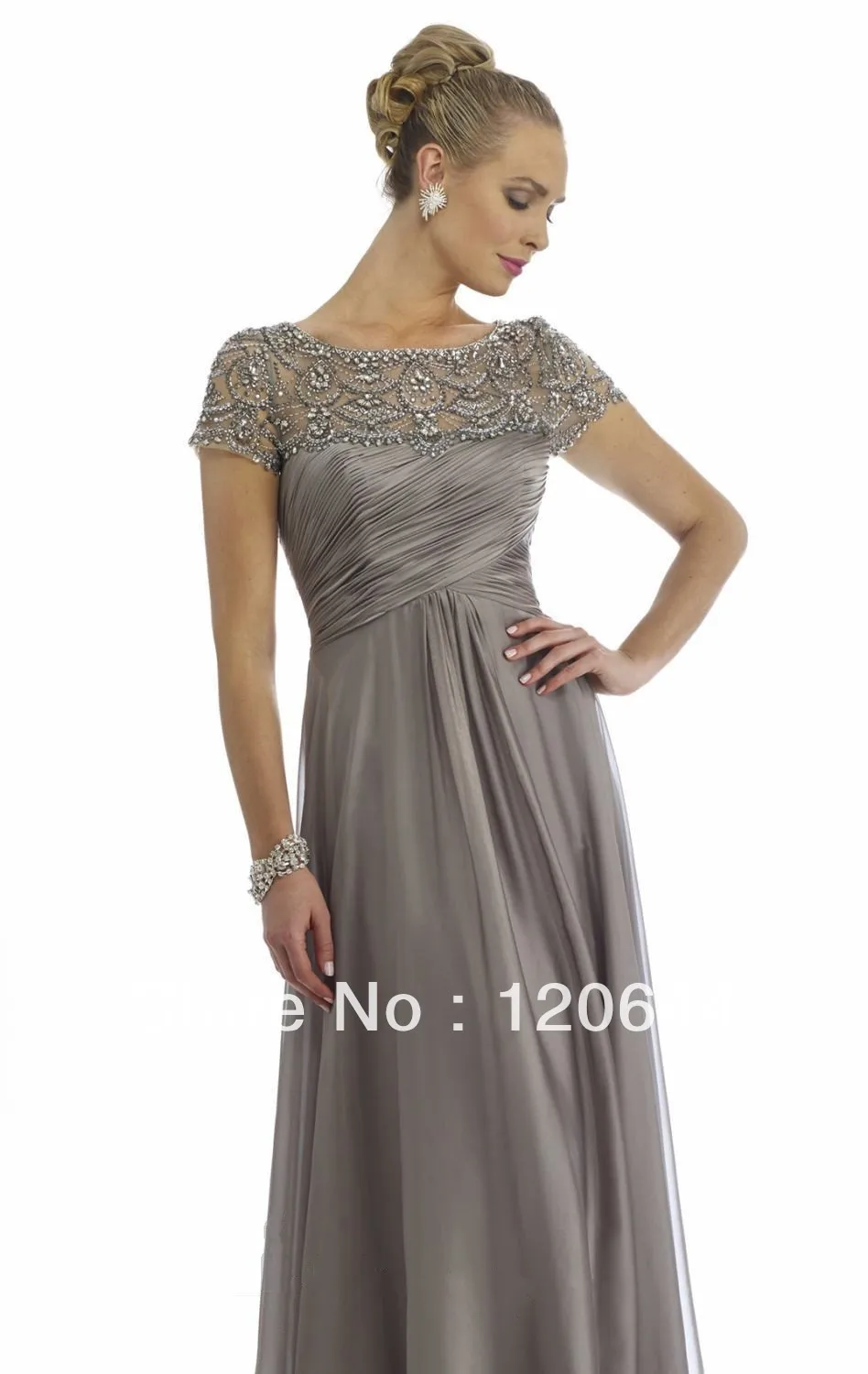 New Beautiful Beaded Sheer Chiffon Grey Ruching Short Sleeve Floor Length Mother Of the Bride Dress | Свадьбы и торжества