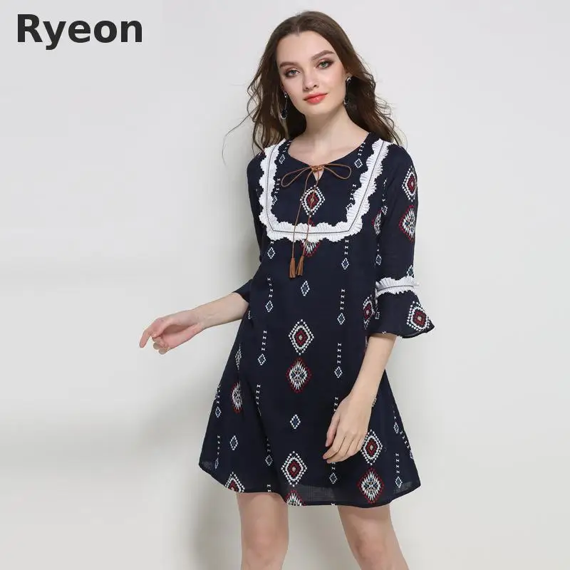 Ryeon L-5xl Плюс Размер Милые Женщины Dress Print Three Четверти аппликации Выше Колена Мини
