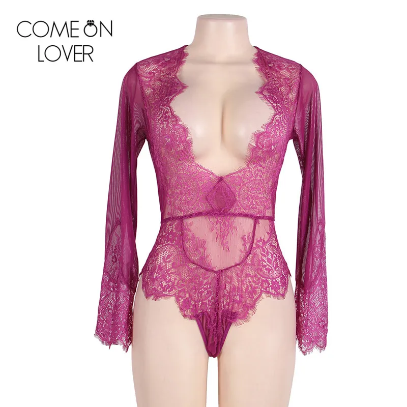 Фиолетовый Comeonlover, кружевной комбинезон с длинным рукавом, комбинезон с глубоким v-образным вырезом, сексуальный пляжный клубный комбинезон, женский комбинезон размера плюс, розовый, красный, черный, комбинезон, RE80400 - Цвет: Фиолетовый