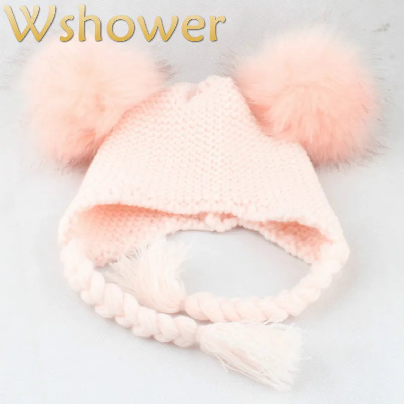 Детская трикотажная шапка бомбер с двумя помпонами из искусственного лисьего