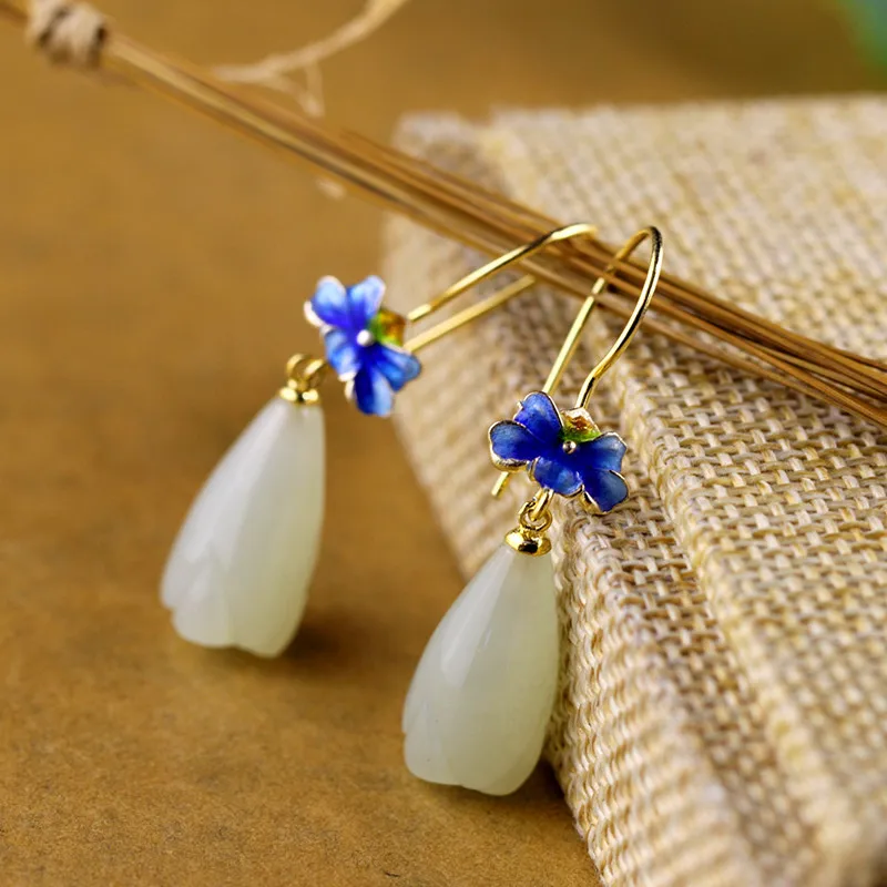 2019 Real Jade Golden Color Lotus Drop Earrings For Women Elegant 925 Sterling Silver Fine Jewelry Christmas Gift | Украшения и