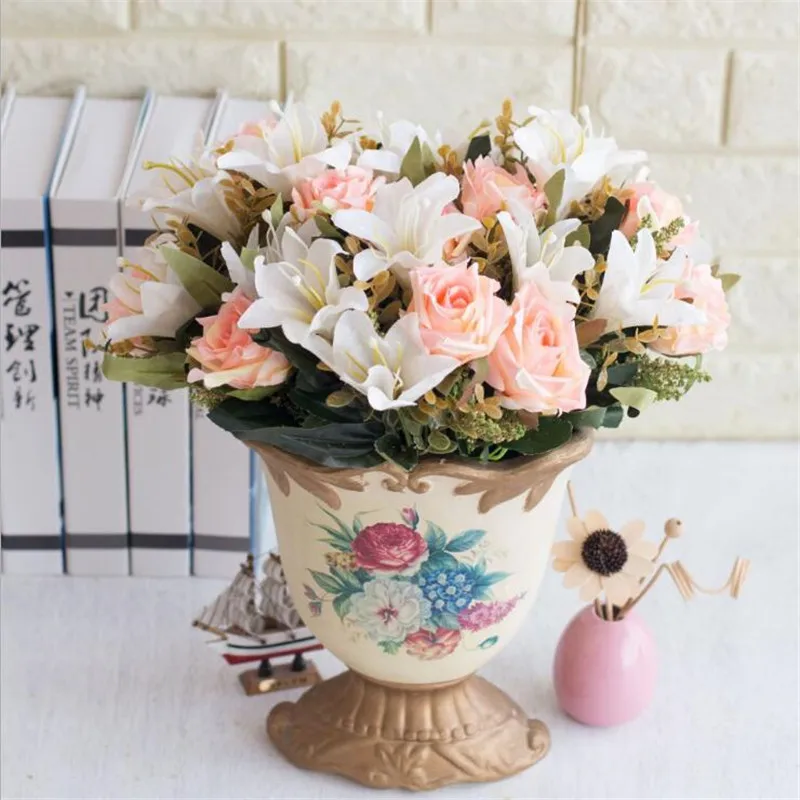 Поддельные розы и лилии букет (9 стеблей долларов США/шт) Моделирование с фрукт из