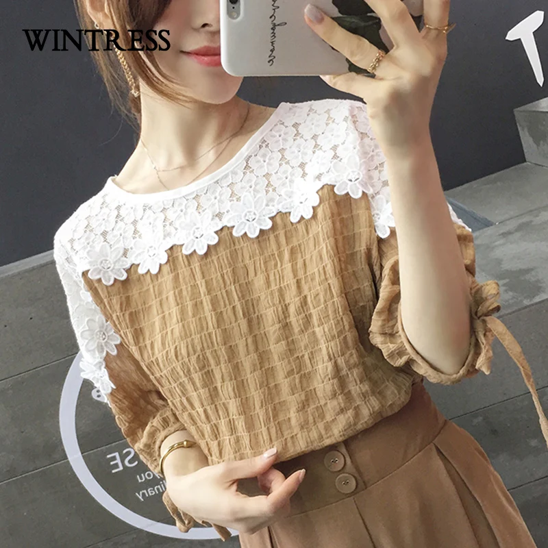 WINTRESS Новое Прибытие Лоскутная Женщины Блузка О-Образным Вырезом Кружева Цветы