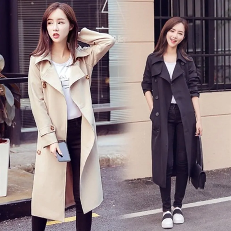 Весна Осень 2018 двубортная ветровка Женская Повседневная Длинная Куртка модная