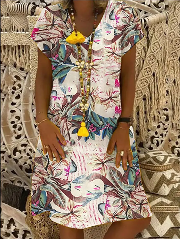 large size Women's Dresses 2019 Fashion print V-neck dress Boho Clothes Sundress Summer loose short-sleeved Plus Size | Женская