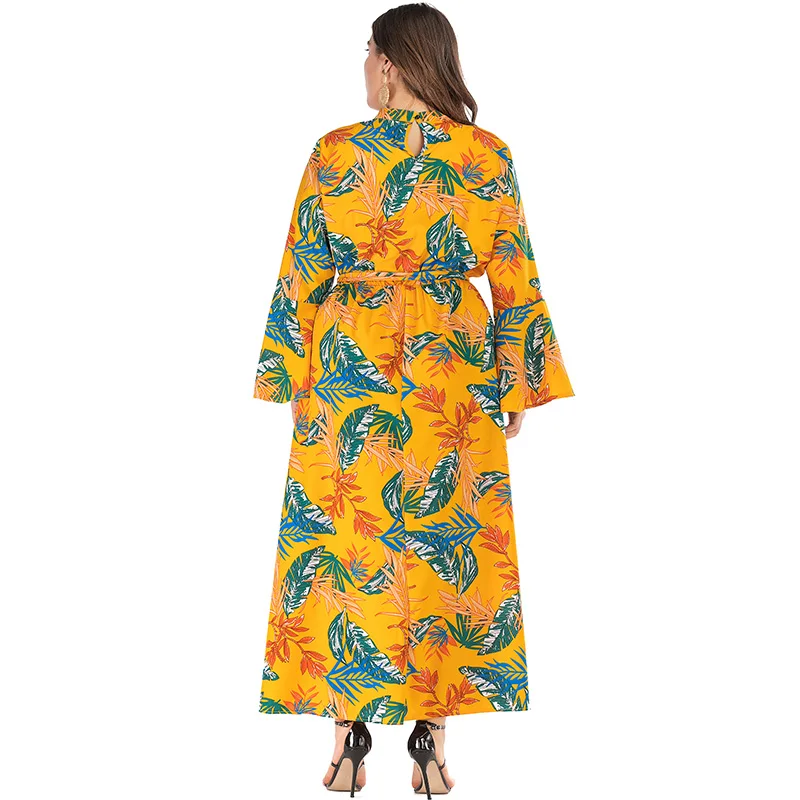 Women Plus Size Long Dress Leopard Leaves Print Choker V Neck Fall 2019 Flare Sleeve Slim Elegant Maxi Brown/Yellow | Женская одежда