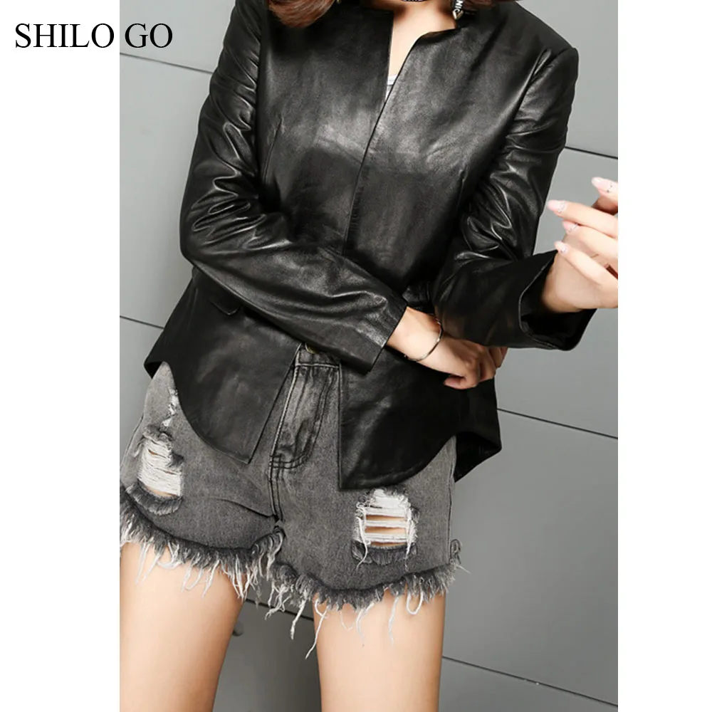 SHILO GO Leather Jacket Womens Autumn Fashion sheepskin genuine V Neck long sleeve single button OL coat | Женская одежда