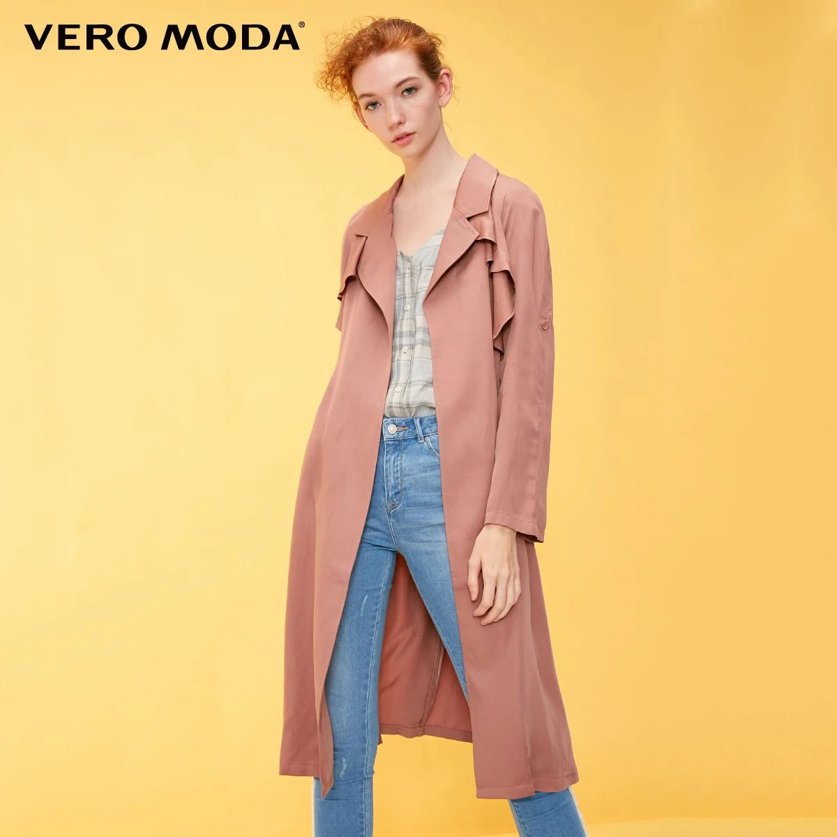 Vero Moda женский лацкан гофрированные планки регулируемые рукава длинный ветровка пальто | 318321521 - Цвет: Burlwood red