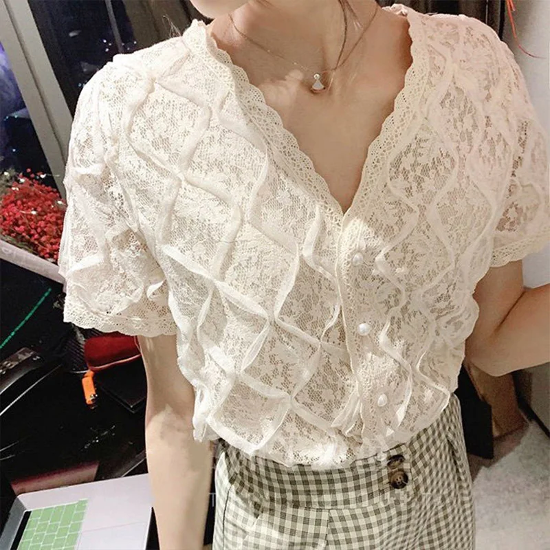 2019 Summer Women Lace Blouse Shirt Korean Spring Fashion Casual Short Sleeve Solid Beige Tops Female |