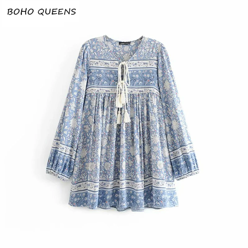 Boho Chic женское цветочное фарфоровое платье с длинным рукавом и кисточками, Пляжное богемное мини-платье, Дамское Платье happie из вискозы с v-образным вырезом