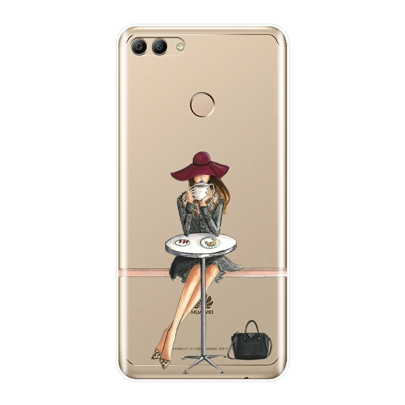 For Huawei Y3 Y5 Y6 II Y7 Pro Phone Case Silicone Coffee Girl Drink Soft Back Cover Prime 2017 2018 Y9 2019 | Мобильные телефоны и