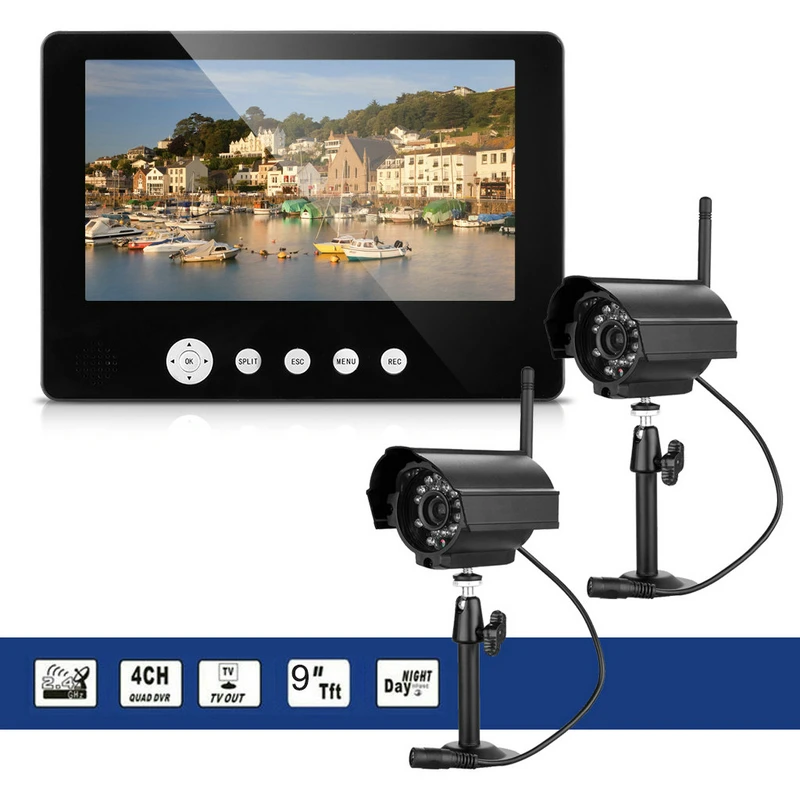 Беспроводная 4 канальная Quad DVR система безопасности с монитором 9 дюймов TFT LCD 2 ГГц