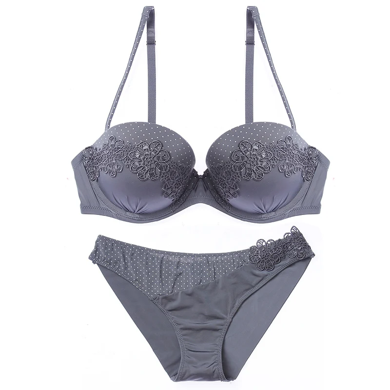 GRAY Lilymoda, сексуальный бюстгальтер и трусики, набор, для женщин, винтаж, горошек, Цветочная вышивка, нижнее белье, пуш-ап, бюстгальтер, бесшовные трусики - Цвет: GRAY