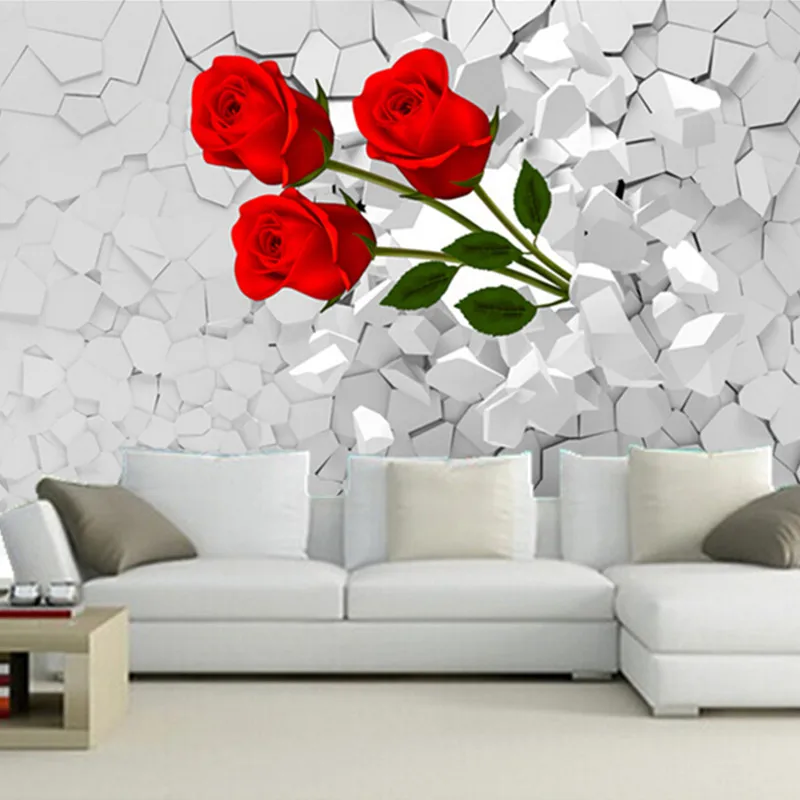 

Custom 3D mural,3d burst through the walls of red roses wallpaper, living room TV wall Bedroom Sofa backdrop wallpaper