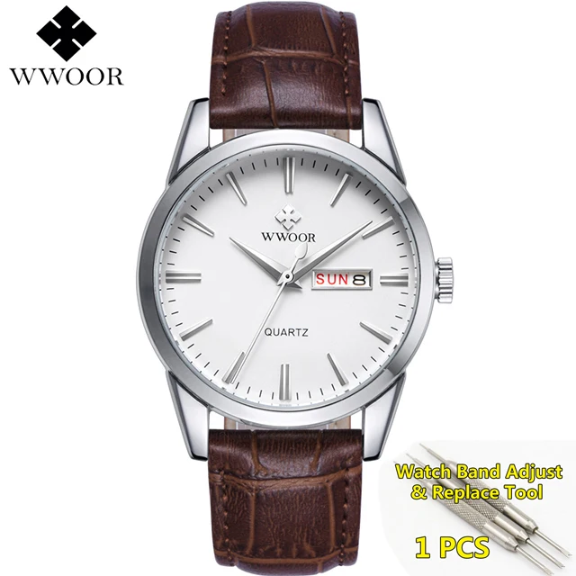 silver-white Брендовые Роскошные мужские часы, дата, день, натуральная кожа, ремешок, спортивные часы, мужские повседневные кварцевые часы, мужские наручные часы, известные часы WWOOR - Цвет: silver-white