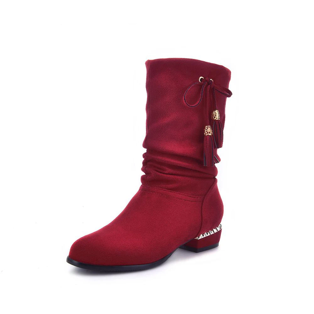 

Big size 34-43 women shoes fashion Flock Leather Tassel Bowtie women boots Square heel Solid Mid-Calf Fashion winter Boots