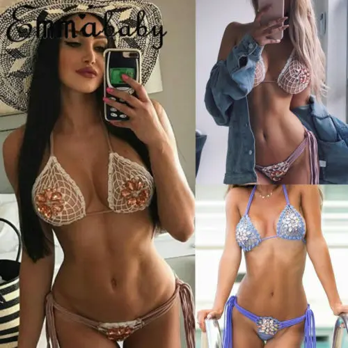 Sexy Womens Crystal Bikini Set Bandage Push-Up Triangle Beachwear Swimwear Swimsuit Bathing | Женская одежда