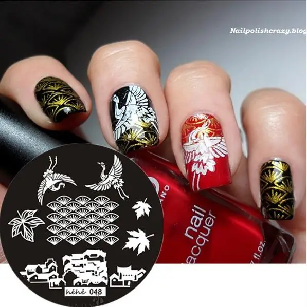 #048 Round Nail Art Stamp Stamping Plates Template Crane House Leaves Pavilion Image Plate hehe048 | Красота и здоровье