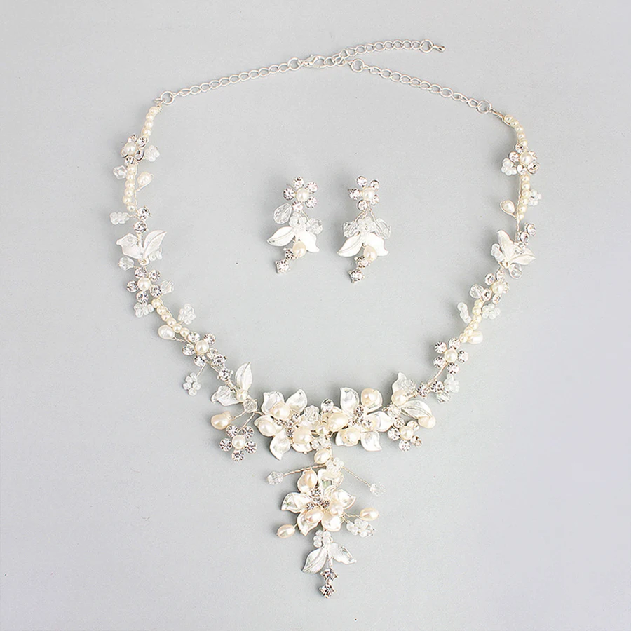 Изысканное свадебное ожерелье серьги набор сверкающие стразы цветок жемчуг