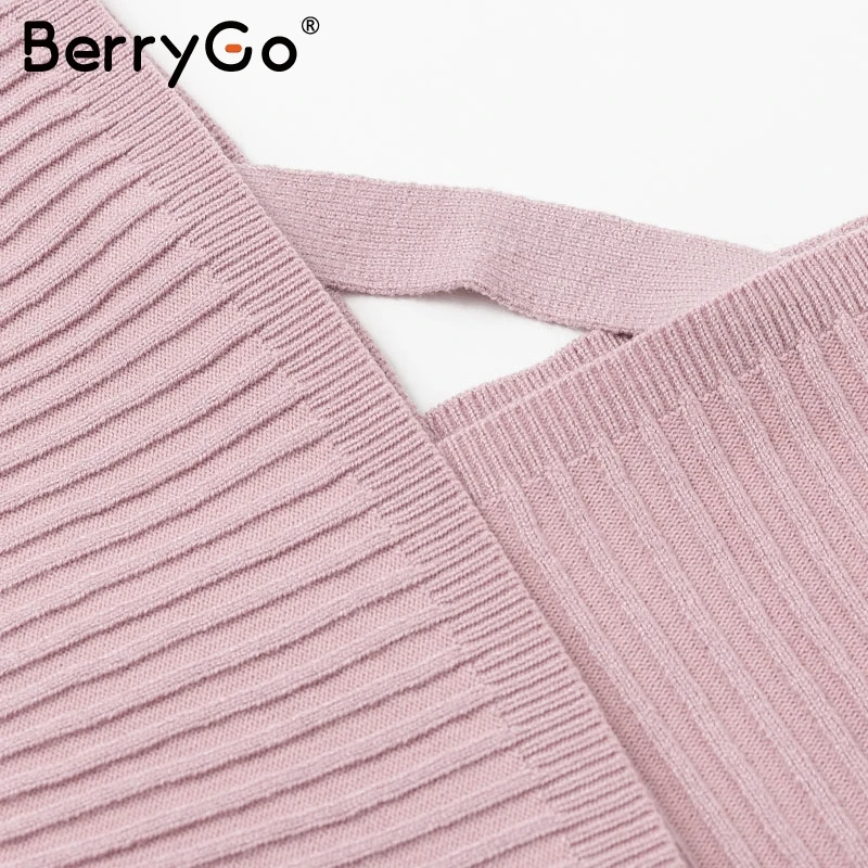 BerryGo Сексуальное Женское трикотажное платье с v-образным вырезом осень зима рукав «летучая мышь» женское платье элегантное, миди вечерние женские платья-свитера