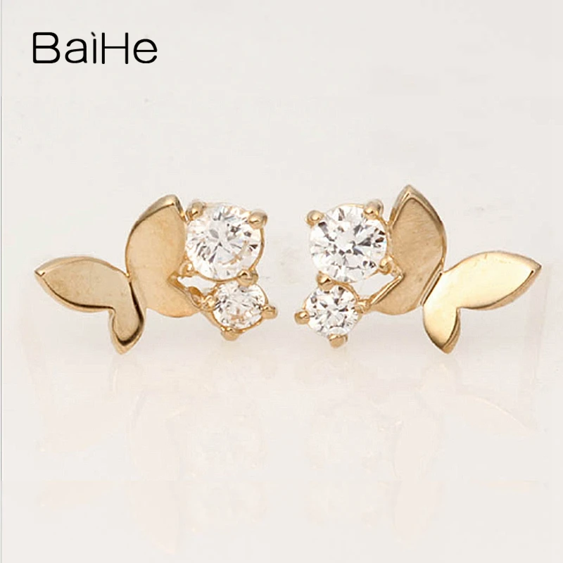 BAIHE Твердые 18K желтое золото 0.09CT H/SI круглые серьги с натуральными бриллиантами
