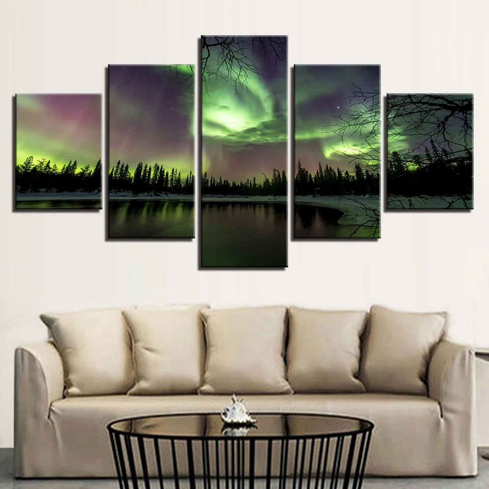 

HD Print Painting Home Decor Modular Frame 5 Pieces Green Forest Aurora Lake Tree Landscape Poster